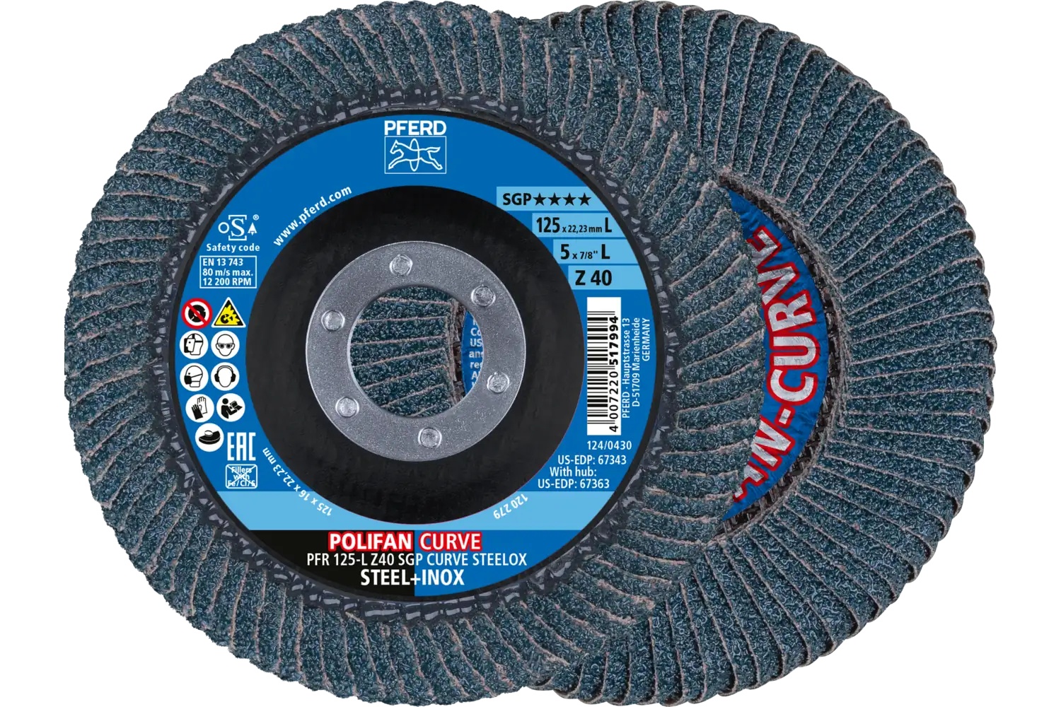 Picture of Pferd Flap Disc, 5" x 7/8, Z SGP Curve Steelox, 40 Grit, Large Radius, Zirconia